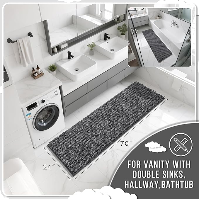 Yimobra Bathroom Runner Rug 70x24 Inch - Extra Long Non Slip Chenille Bath Mat, Soft & Absorbent, Machine Washable Shaggy Hallway Carpet for Vanity Tub Shower, Dark Gray Home Decor Accessories
