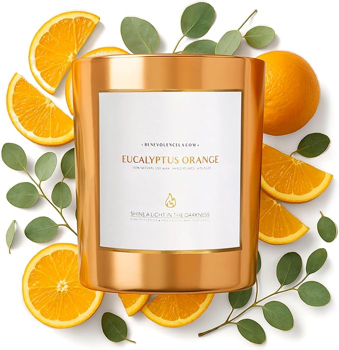 Benevolence LA Eucalyptus Orange Wood Wick Candles | Soy Christmas Scented Candles for Home | Holiday Candle Gifts for Women and Men | Home Fragrance | Aromatherapy | Shelf Decor | 8oz, 45 Hour Burn