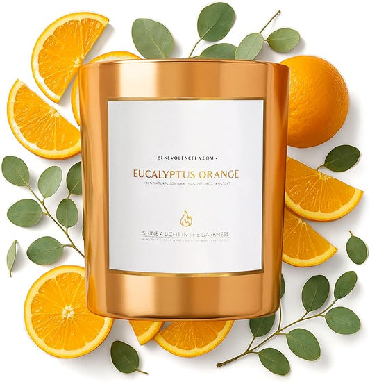 Benevolence LA Eucalyptus Orange Wood Wick Candles | Soy Christmas Scented Candles for Home | Holiday Candle Gifts for Women and Men | Home Fragrance | Aromatherapy | Shelf Decor | 8oz, 45 Hour Burn