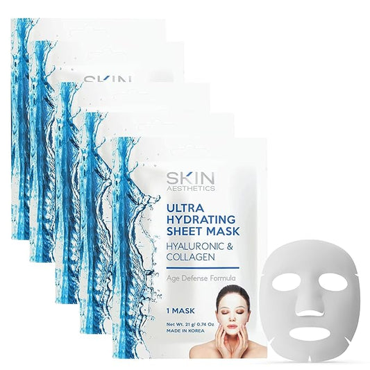 Hyaluronic & Collagen Sheet Face Mask - Skin Firming, Anti-Aging, Moisturizing & Plumping - Dermatologist Tested Korean Skincare - Clean Beauty, Cruelty-Free - 5 Masks