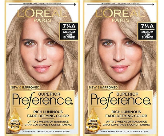 L'Oreal Paris Superior Preference Luminous Fade-Defying Permanent Hair Color, Hair Dye For Up to 9 Weeks of Radiance, Medium Ash Blonde 7.5A, 1 Hair Dye Kit (Pack of 2)