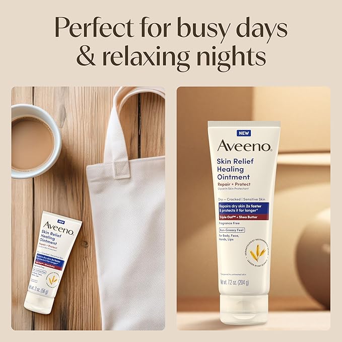Aveeno Skin Relief Healing Ointment, Repair & Protect Extra Dry, Cracked Skin, Glycerin Protectant with Triple Oat & Shea Butter, Fragrance-Free & Non-Greasy Feel, Travel Size, 2.0 oz (Pack of 3)