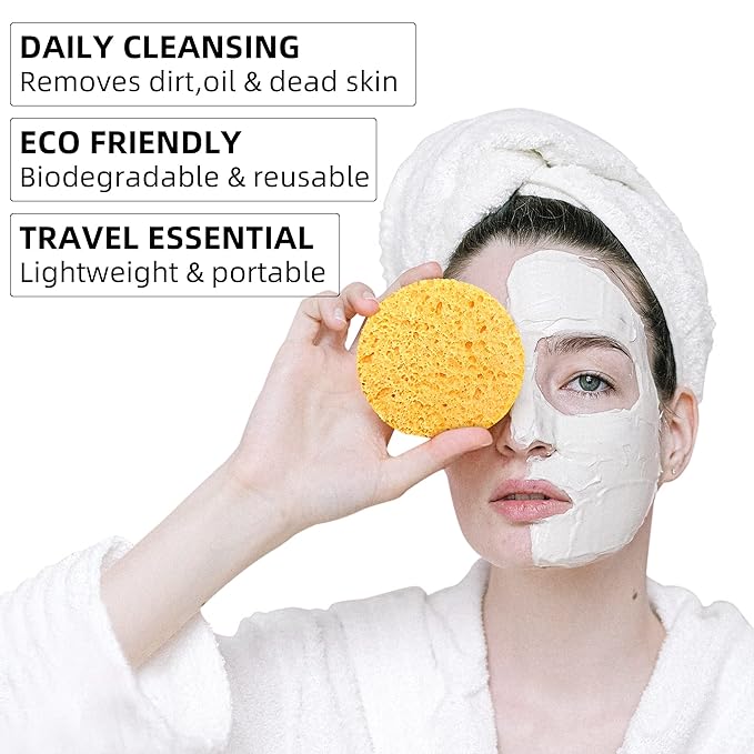 60-Count Compressed Facial Sponges|100% Natural Kickleen Cellulose Cosmetic Spa Sponges for Daily Facial Cleansing|Makeup and Mask Removal | Exfoliating | Skin Massage | Pore Exfoliation (Yellow)