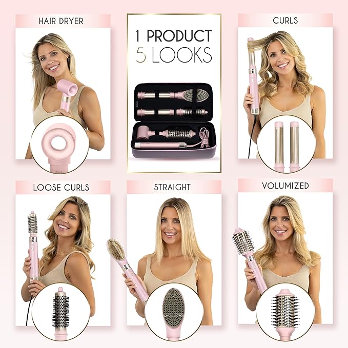 ELLA BELLA® 6 in 1 Professional Hot Air Styler • Powerful Hair Dryer & Straightener Set • Styling Without Heat Damage • Fast Drying Curling Volumizing Straightening • Protective Travel Case (Pink)