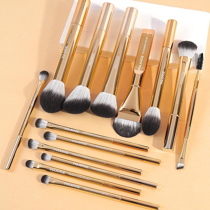 MAANGE 14-Piece Makeup Brush Set with Aluminum Ferrule- Premium Synthetic Makeup Brushes Kit Foundation Powder Brush Eye Shadow for Beginners & Professionals(Gold)