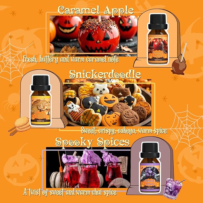 ARVIDSSON Halloween Fragrance Oils Set, Fall Essential Oils for Diffuser - Pumpkin Pie, Spiced Cider, Caramel Apple, Candy Corn, Snickerdoodle, Spooky Spices, Autumn Scented Oil Gift for Women