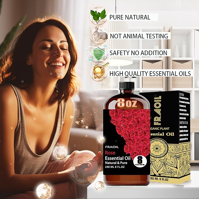 Rose Essential Oil, Rose Oil 8 Fl Oz 240ML for Diffuser Humidifier Yoga Cleaning DIY Candle Soap Making Perfume Gift for Women Essential Oils