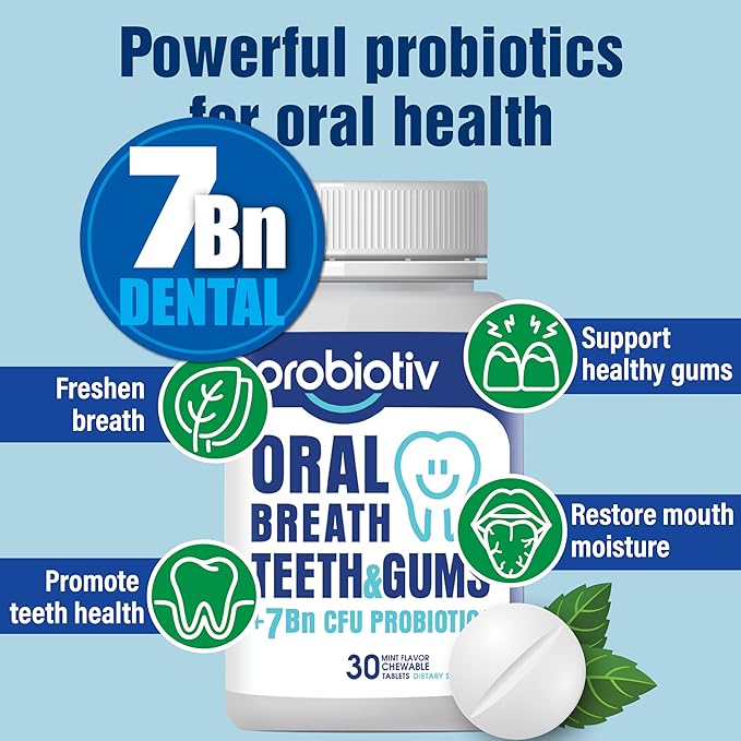 Oral Probiotics for Mouth Bad Breath 7 Billion CFU - Chewable Dental Probiotics for Teeth & Gums, Fresh Breath Freshener, Supports Oral Microbiome & Healthy Mouth