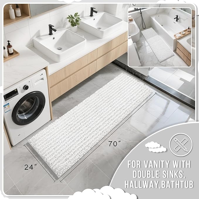 Yimobra Bathroom Runner Rug 70x24 Inch - Extra Long Non Slip Chenille Bath Mat, Soft & Absorbent, Machine Washable Shaggy Hallway Carpet for Vanity Tub Shower, White Home Decor Accessories