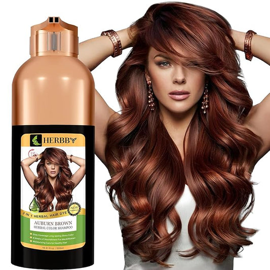 HERBBY Hair Color Shampoo for Gray Hair Coverage&Color Transform with 9 Herbal Extracts –Long Lasting(6-8 Weeks),Shiny,Evenly Colored,Instant Hair Dye Shampoo&Conditioner,500 Ml (AUBURN BROWN COLOR)