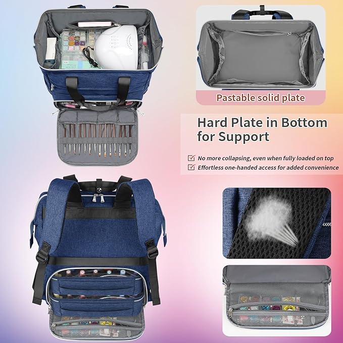 LTINVECK Nail Polish Organizer Case Backpack Holds 70 Bottles (15ml/0.5fl.oz)& Nail Lamp, 2 Layers Detachable Nail Kit Storage Case, Large Travel Nail Supplies Shoulder Bag for Manicure Tools (Blue)