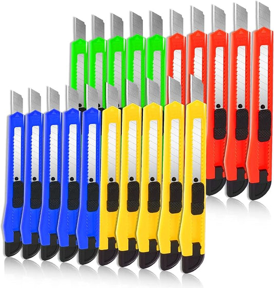 20-Pack Retractable Utility Cutter | Auto-Lock Design with 9mm Snap-off Blades | Carton & Cardboard Opener for Office/Home | Disposable Exacto Razor Tool