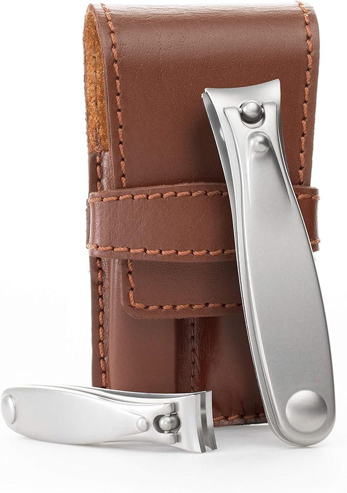 GERMANIKURE Nail Clippers Set in Brown Leather Case – Ethically Made in Solingen Germany, FINOX Stainless Steel Tools – Professional Quality Manicure & Pedicure Kit