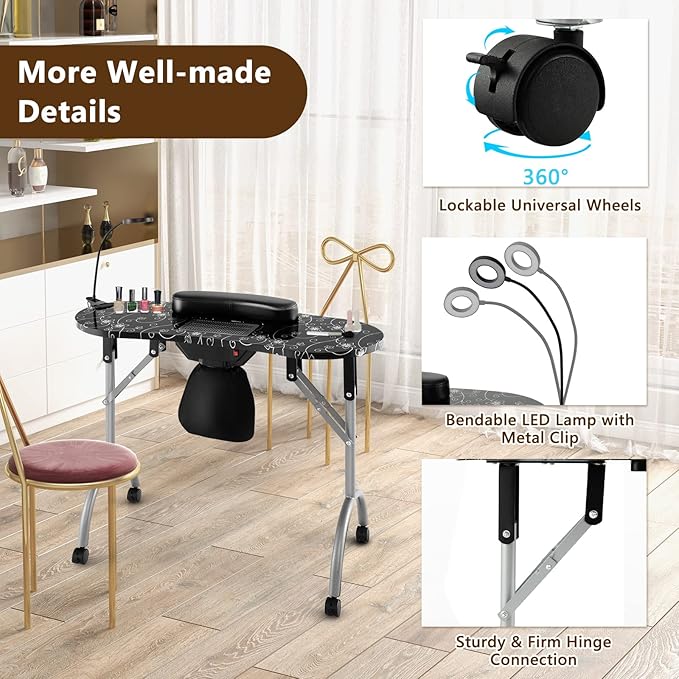 S AFSTAR Portable Nail Table, 35" Foldable Manicure Table with Electric Dust Collector, Bendable LED Lamp, Carry Bag & 4 Lockable Wheels, Professional Nail Desk Nails Salon Station (Black)