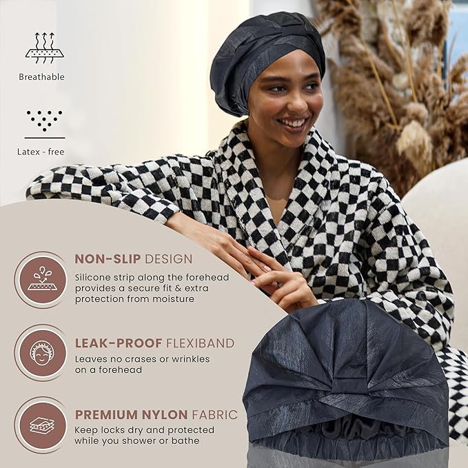 Reusable Shower Cap for Women Reusable Waterproof – Leakproof, Nonslip Hair Cap for Shower Flexiband – Soft, Breathable, Durable Christmas Shower Caps by SMPL OBJECTS (Coal)