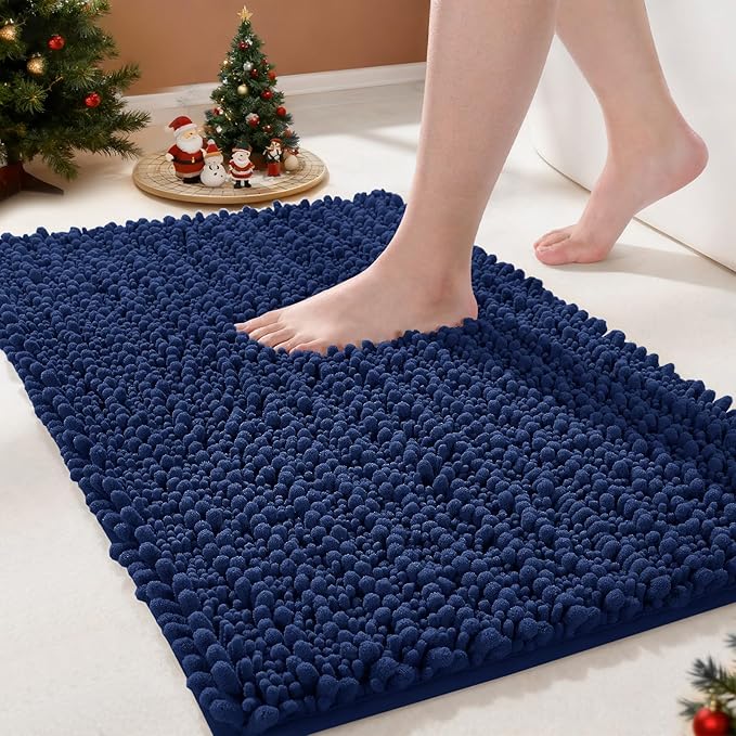Yimobra Bathroom Rugs Non Slip Washable - Ultra Soft Absorbent Chenille Bath Mat, Quick Dry Shaggy Floor Carpet for Tub Shower, Navy Blue Home Decor Accessories, 24x17 Inch