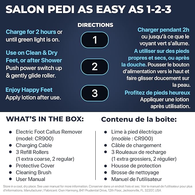 Electric Callus Remover: Rechargeable Electronic Foot File CR900 by Own Harmony(Tested Most Powerful) Best Pedicure Tools w 3 Rollers Professional Pedi Feet Care Sander for Cracked Heels and Hard Skin