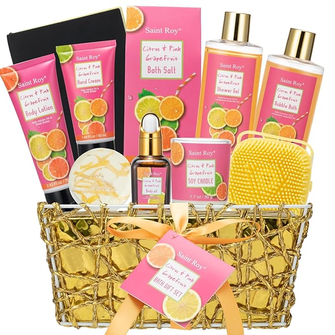 Bath & Body Gift Set, Luxury Christmas Gifts for Women Citrus Pink Grapefruit Spa Kit Gift Woman, 11 Pcs Self Care Kit Gifts With Bubble Bath, Massage Oil, Bath Brush, Birthday Gifts for Women