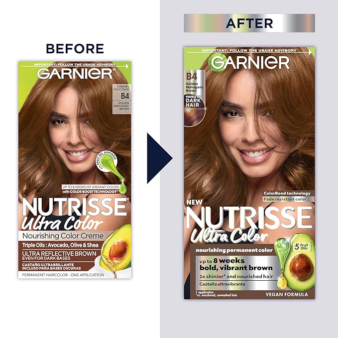 Garnier Hair Color Nutrisse Ultra Color Nourishing Creme, B4 Golden Mahogany Brown (Caramel Chocolate) Permanent Hair Dye, 2 Count (Packaging May Vary)