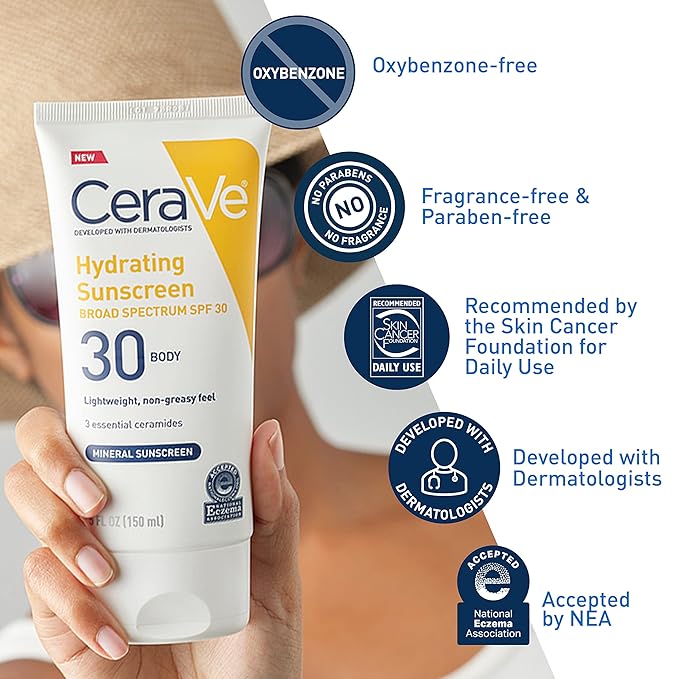 CeraVe 100% Mineral Sunscreen SPF 30 with Zinc Oxide & Titanium Dioxide, Hyaluronic Acid & Ceramides, Oil Free, Non-Greasy, Hydrating Mineral Sunscreen For Body, 5 oz