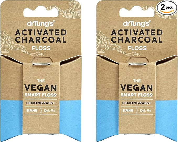 DrTung's Vegan Activated Charcoal Floss - Natural Dental Floss, PTFE & PFAS Free, Gentle on Gums, Expands & Stretches, BPA Free - Lemongrass Flavor (Pack of 2)