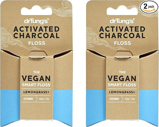 DrTung's Vegan Activated Charcoal Floss - Natural Dental Floss, PTFE & PFAS Free, Gentle on Gums, Expands & Stretches, BPA Free - Lemongrass Flavor (Pack of 2)