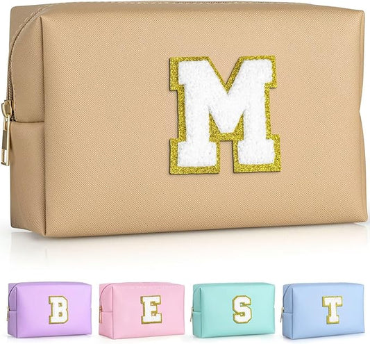 TOPEAST Monogrammed Gifts for Women, Preppy Makeup Bag Small Cosmetic Bag Travel Toiletry Bag, Personalized Birthday Gift for Girl, Wedding Bridal Shower Gifts for Bridesmaids (Khaki M)