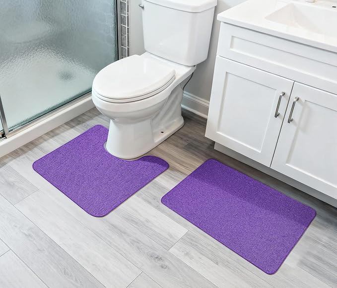 Bathroom Rugs Set 2 Pieces,Thin Bathroom Mats,Toilet Rugs,Quick Dry,Non-Slip,Machine Washable,Low Pile,Absorbent Bath Mats,Shower,Sink,Home Decor Accessories.Purple,1'5"x2'3"+1'8"x2" U Shape
