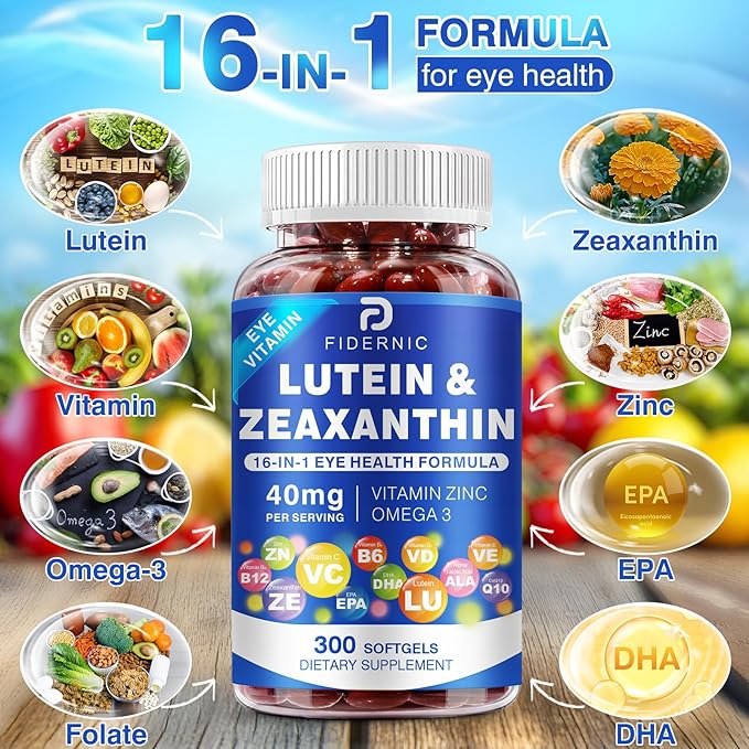 Lutein and Zeaxanthin Supplement - Eye Vitamins, 40 mg Lutein & 8 mg Zeaxanthin with Vitamins C, E, Zinc, Omega-3 & CoQ10 for Blue Light Protection, Eye Health Support, Eyebright  - 300 Softgels