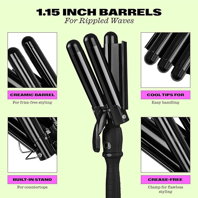 Trademark Beauty Three Barrel Hair Waver, Curling Iron, 1.1 Inch, Beach Waves, Adjustable Temperature Hair Curler, Babe Waves Limited Edition - Black