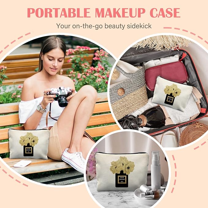 Trendy Black and Gold Makeup Bag for Women, Fashion Glitter Gold Floral Perfume Bottle Modern Aesthetic Cosmetic Bag for Purse, Girly Makeup Zipper Pouch