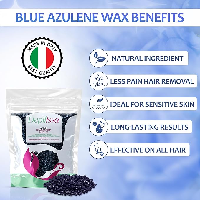 Blue Hard Wax Beads 14.1 oz – Stripless Brazilian Wax Beads for Sensitive Skin – Gentle Chamomile Formula for Face, Underarms, Bikini & Full Body Hair Removal – Made in Italy