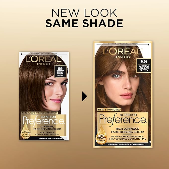 L'Oreal Paris Superior Preference Luminous Fade-Defying Permanent Hair Color, Hair Dye For Up to 9 Weeks of Radiance, Medium Golden Brown 5G, 1 Hair Dye Kit