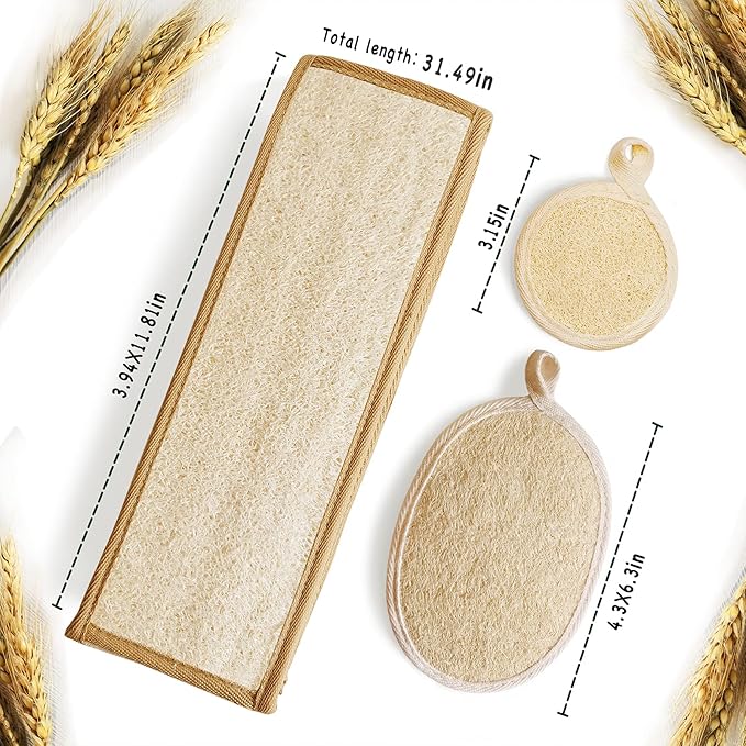 Natural Loofah Sponge Back Exfoliating Scrubber Combo Set, Seep Cleansing Skin and Facial Loofah Pad