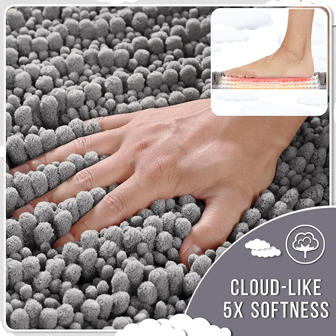 Yimobra Bathroom Rugs Non Slip Washable - Ultra Soft Absorbent Chenille Bath Mat, Quick Dry Shaggy Floor Carpet for Tub Shower, Gray Home Decor Accessories, 24x17 Inch