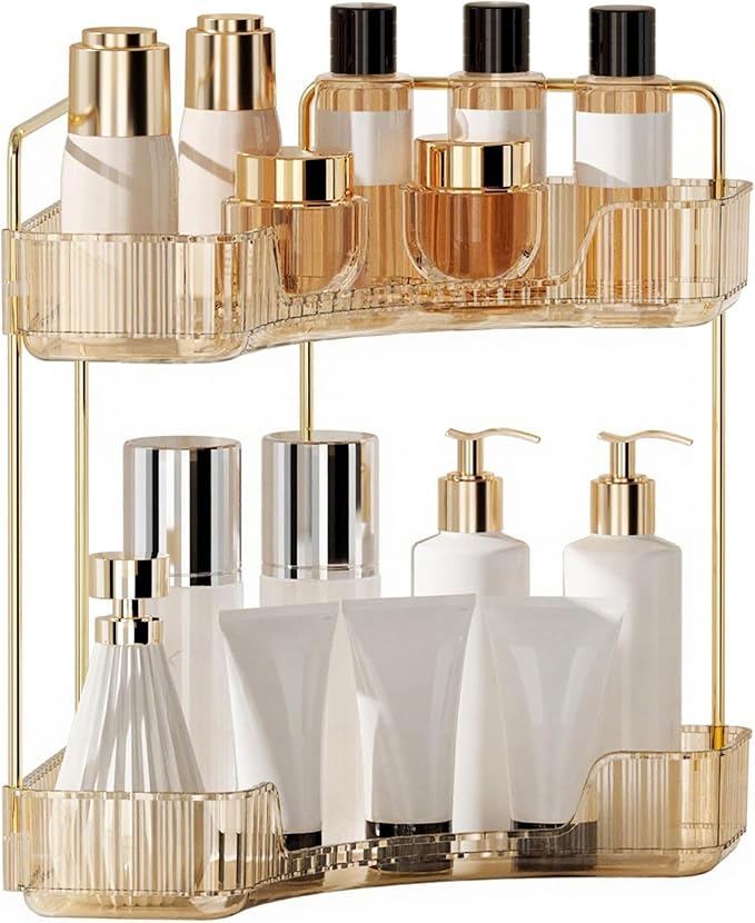 YCIA&DONE Corner Bathroom Counter Organizer, Makeup Organizer for Vanity, Skincare Cosmetic Perfume Tray, Corner Countertop Shelf Rack Storage for Bathroom Kitchen 2 Tiers (Amber Gold)
