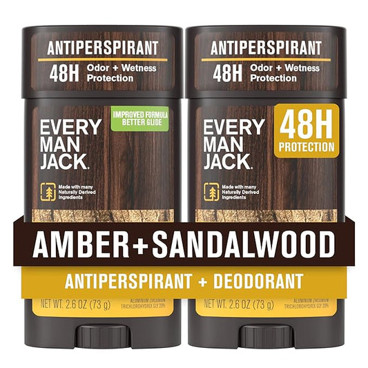 Every Man Jack Men’s Amber + Sandalwood Antiperspirant Deodorant – New & Improved Formula – Smooth Glide, 48-Hour Odor & Sweat Defense– 2.6 oz (2 Pack)