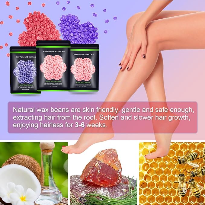 Wax Beads for Hair Removal 10.5oz (300g), Auperwel Hard Wax Beads Beans for Sensitive Skin Brazilian Waxing, Face, Bikini, Eyebrow, Legs, Painless for Women Men, 3 packs Kit with 10 Sticks
