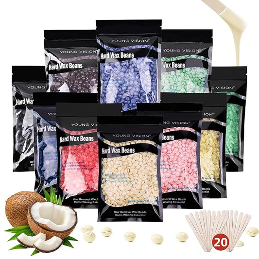 YOUNG VISION Hard Wax Beads for Hair Removal, 2.2lbs 1000g Refill Waxing Beads for Sensitive Skin Women, Face, Brazilian, Bikini, Body, Soft and Painless Waxing Beans, 10 Packs, Multi Color