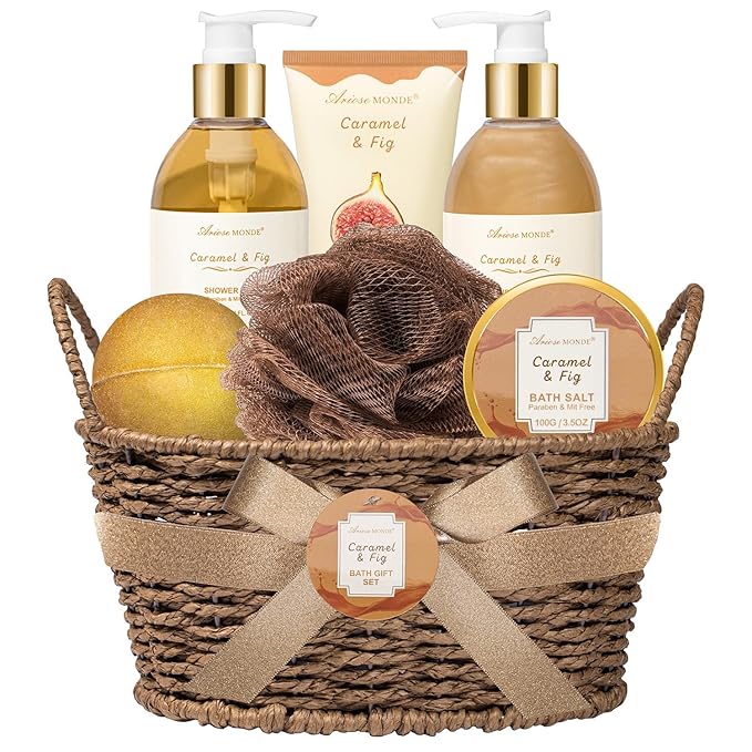Christmas Gifts for Women Spa Baskets for Women Gift, Warm Caramel & Fig Bath Gift Set with Shower Gel Self Care Pampering Gifts for Mothers Day, Birthday, Anniversary Gift