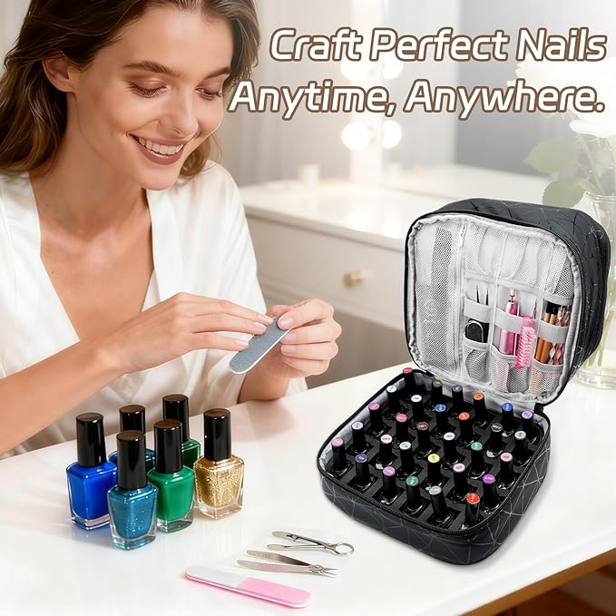 LKE Nail Polish Organizer, Nail Organizers and Storage - Double Layer Holder for Painting Nails, Holds 30 Bottles & Nail Lamp, PU Leather Professional Manicure Case with 2 Bags, Travel Essential