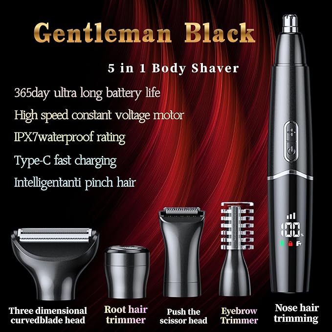 5-in-1 Rechargeable Nose & Ear Hair Trimmer - IPX7 Waterproof Dual Edge Grooming Kit for Men & Women, Perfect for Hair Removal of Nose, Eyebrows, Beard, Bikini, and Facial Hair (Black)