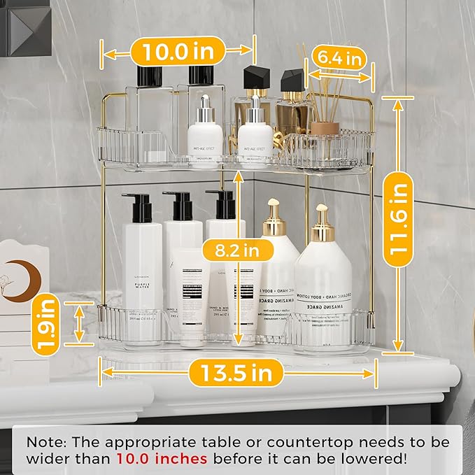 YCIA&DONE Corner Bathroom Counter Organizer, Makeup Organizer for Vanity, Skincare Cosmetic Perfume Tray, Corner Countertop Shelf Rack Storage for Bathroom Kitchen 2 Tiers (Clear White)