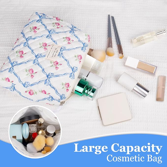 Floral Makeup Bag, Small Cosmetic Bag for Women Girls, Cute Cotton Makeup Bag, Quilted Makeup Bags, Flower Travel Toiletry Organizer Bag(Blue Flower)