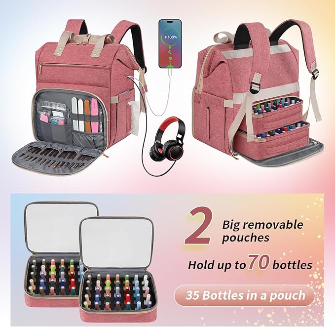 LTINVECK Nail Polish Organizer Case Backpack Holds 70 Bottles (15ml/0.5fl.oz)& Nail Lamp, 2 Layers Detachable Nail Kit Storage Case, Large Travel Nail Supplies Shoulder Bag for Manicure Tools (Pink)