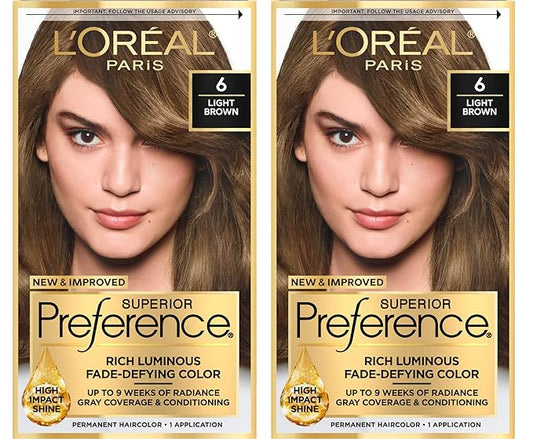 L'Oreal Paris Superior Preference Luminous Fade-Defying Permanent Hair Color, Hair Dye For Up to 9 Weeks of Radiance, Light Brown 6, 1 Hair Dye Kit (Pack of 2)