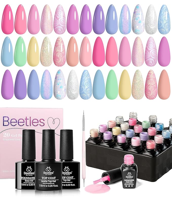 Beetles Gel Nail Polish Set,24Pcs Pink Purple Pearl Blue Shimmer Chameleon Green Colors Gel Polish Kit, 3Pcs Base Top Coat Double-ended Brush Soak off UV Nail Polish Christmas Gifts for Women