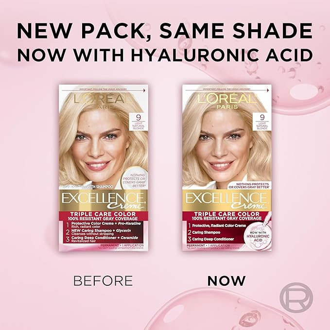 L'Oreal Paris Excellence Crème Permanent Hair Dye, Triple Care Hair Color with Pro-Keratine Complex for 100% Gray Hair Coverage, 9 Light Natural Blonde, 1 Kit