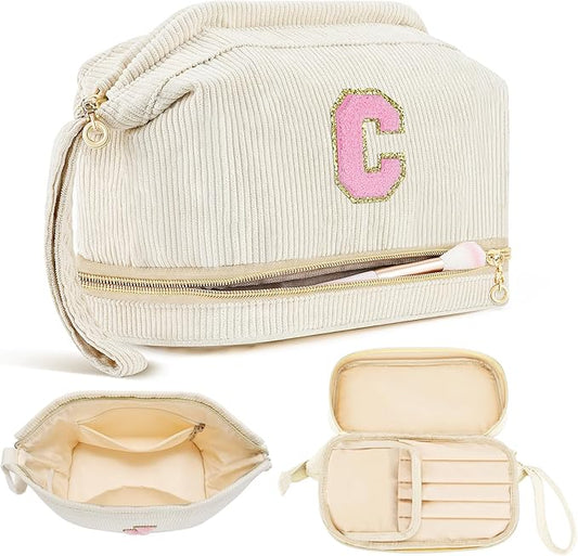 Makeup Bag for Girls Gift, Personalized Christmas Gifts Initial Women Makeup Bag for Travel, Double Layer Cosmetic Bag with Brush Organizer Preppy Make up Bag for Teen Girl Trendy - C
