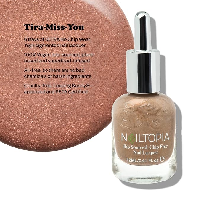 Nailtopia Bio-Sourced, Chip Free Nail Lacquer - All Natural, Strengthening Biotin and Superfood-Infused Polish - Chip Resistant Formula - Quick-Dry, Long Lasting Wear - Tira-Miss-You - 0.41 oz